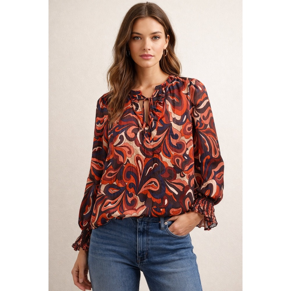 HAVER London Blouse Women Small Orange Abstract Paisley Metallic‎ Tie Neck Boho